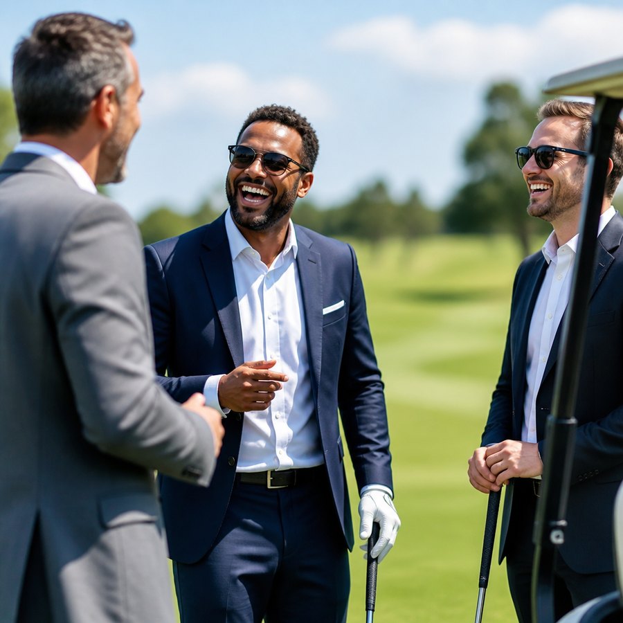 People sharing a conversation outdoors on a golf course